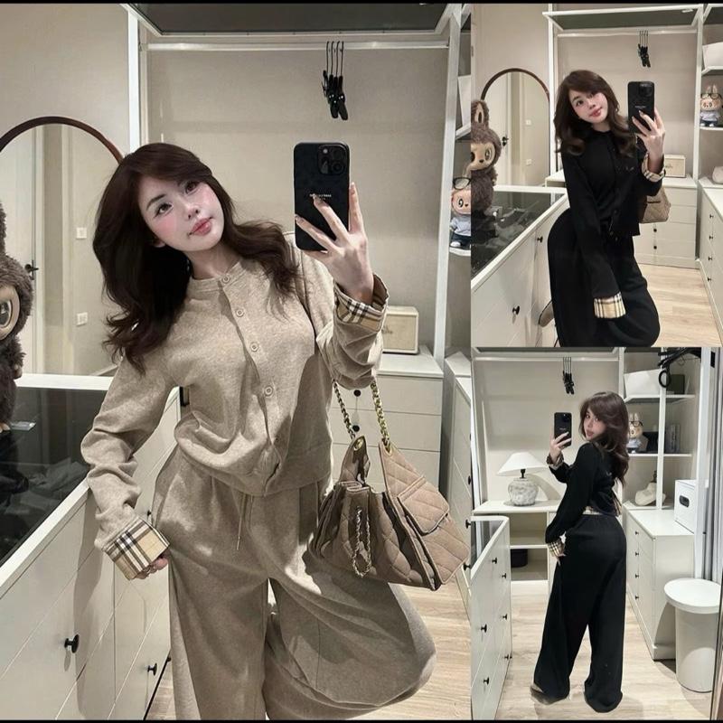 Bộ tay gập KẺ kiểu áo cadigan cúc + quần xuông cạp phối kẻ sọc len tăm thỏ bigsize
