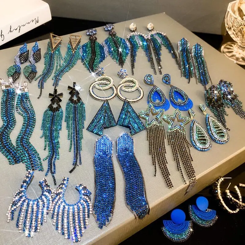 Anting-anting Diperibadikan, Siri Biru, Reka Bentuk Geometri Berbilang Abjad, Rumbai Panjang, Gaya Berlebihan, Reka Bentuk Cantik Perak Earrings
