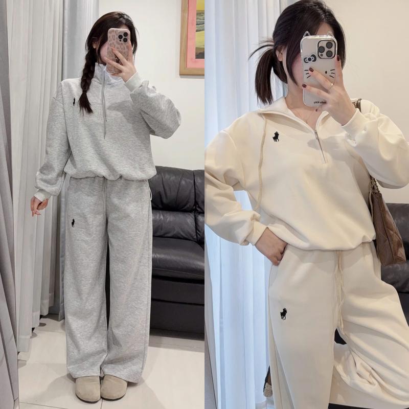  Bộ đồ nỉ nữ 2 da thêu ngựa áo phối khóa kéo cao cổ và dây rút kèm quần ống xuông form rộng cạp chun - set đồ nữ nỉ 2 da giữ ấm mùa đông tốt 