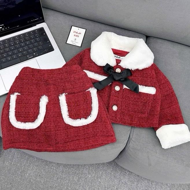 Set áo váy dạ đỏ phối viền lông trắng xinh chân váy dạ có lót quần dành cho bé gái