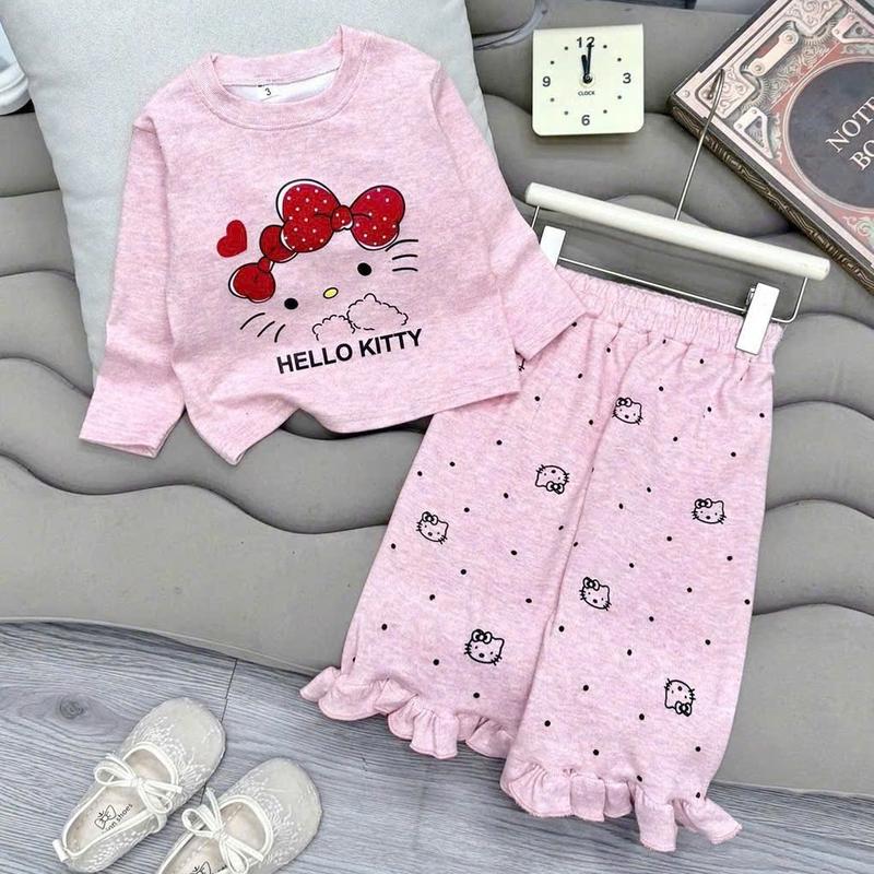  MS7 Sét Áo Quần Xuông Dài In Tràn Hello Kitty Đẹp Chất Su Cotton 4 Chiều Mềm Mại Sịn Sò Phối Bèo Áo Xinh Xắn Cho Bé Gái Phong Cách Dễ Thương 