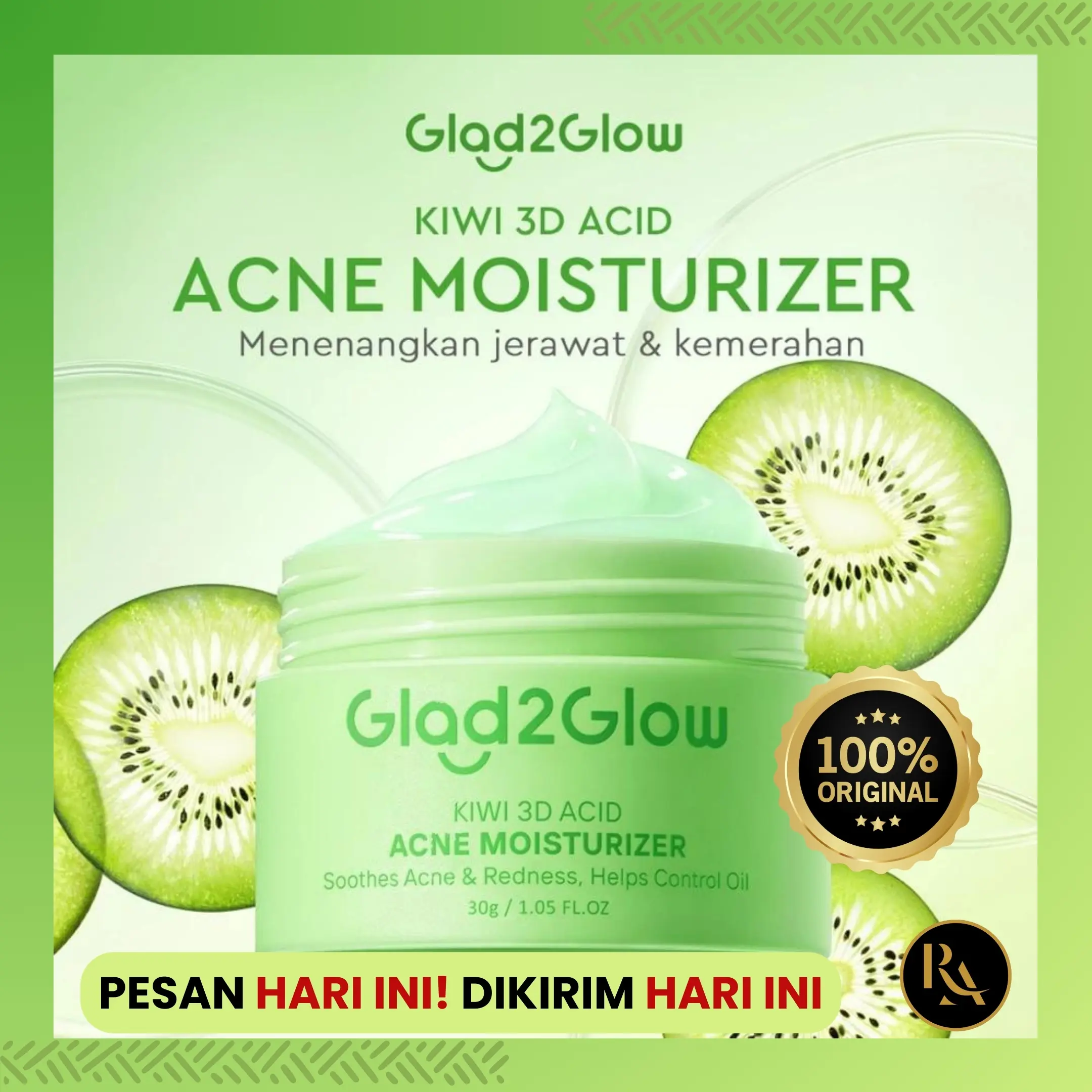 GLAD2GLOW Extract Kiwi 3D Acid Acne Moisturizer - Perawatan untuk Muka Bruntusan dan Berjerawat pada Pagi dan Malam Hari!