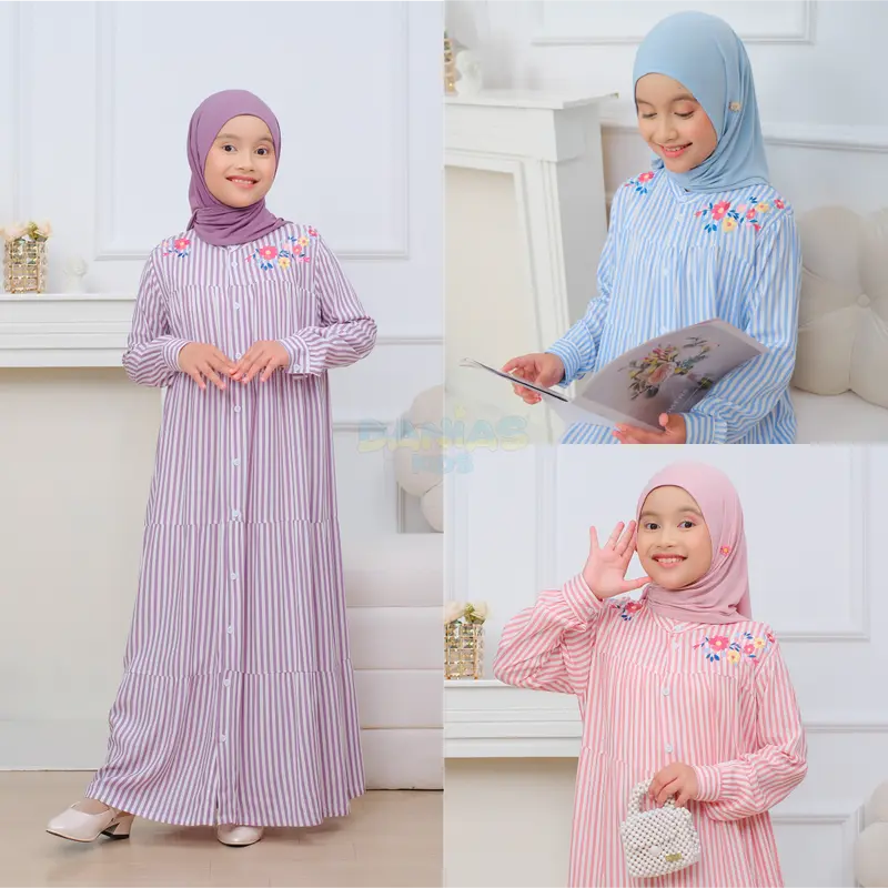 Gamis Anak Perempuan Rayon Motif Salur dengan Bordir Usia 3-15 Tahun Daniaskids 0