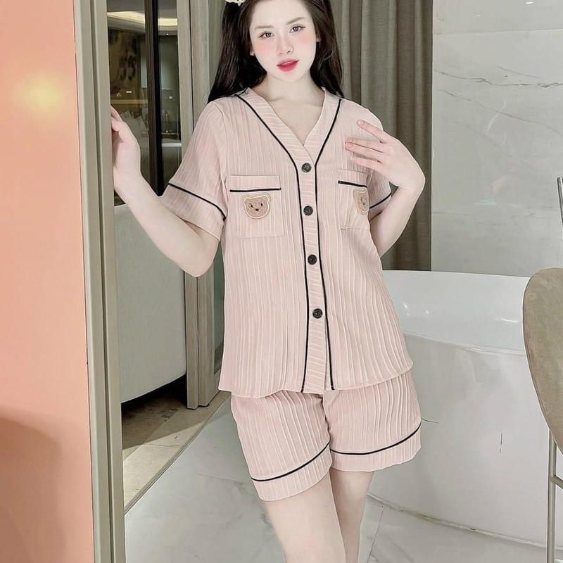 Set Đồ Nữ Pyjama Đồ Ngủ Nữ Cổ Y Phối Viền Túi gấu, Chất vải Đũi Gân mềm nhẹ Có Big size
