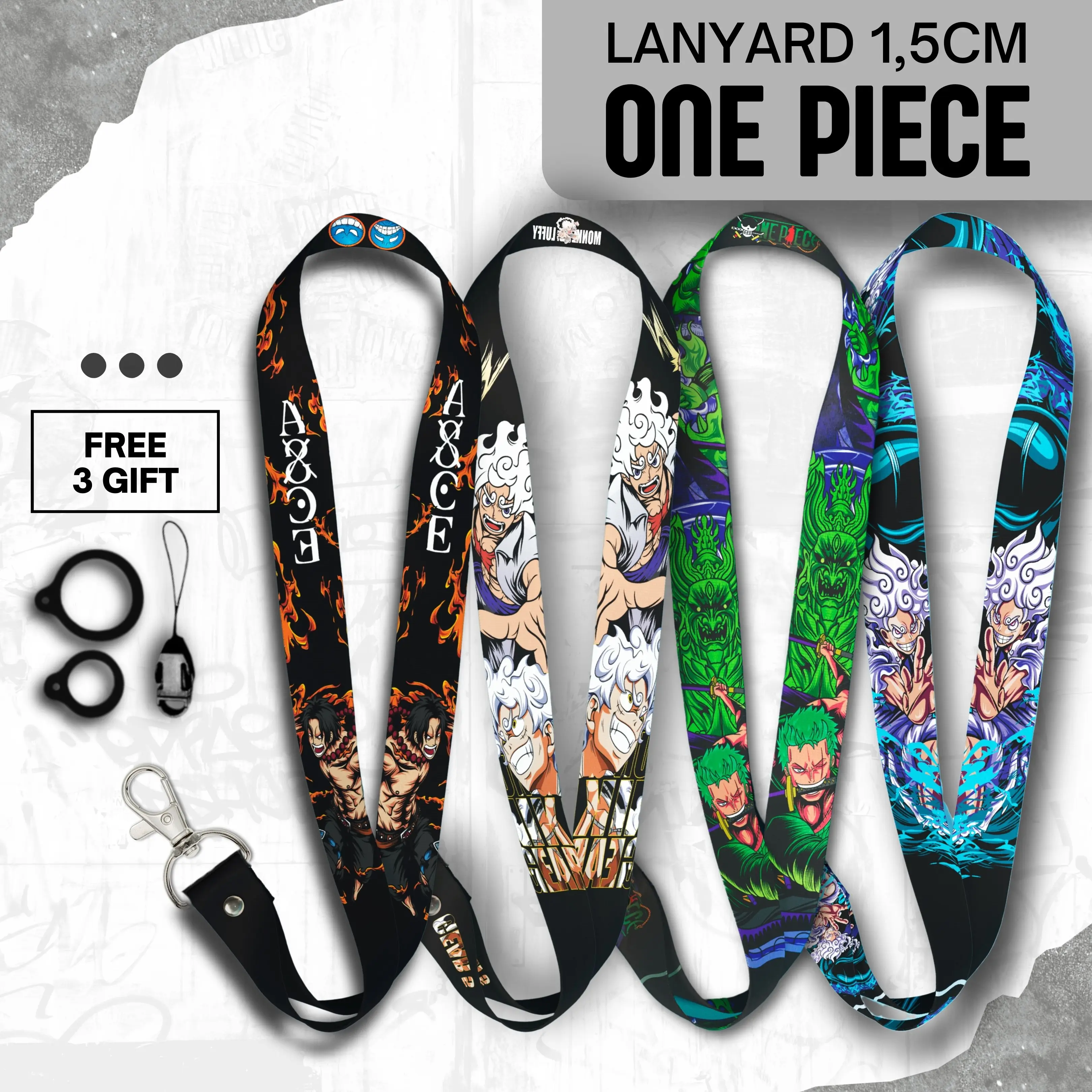 Tali Lanyard ONE PIECE Hp Aesthetic Lanyard 1,5cm Idcard Holder Free Oring dan Kaitan Hp Gantungan Nametag