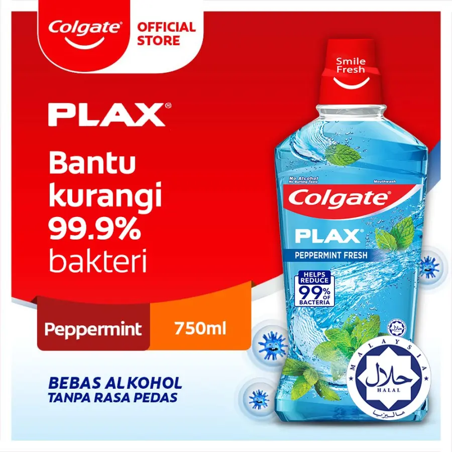 Colgate Obat Kumur Plax Peppermint 750ml. Menyegarkan Nafas, Melawan Bakteri Mulut, Menjaga Kesehatan Gusi, Mencegah Gigi Berlubang, Perlindungan Mulut, Perawatan Mulut, Bebas Alkohol