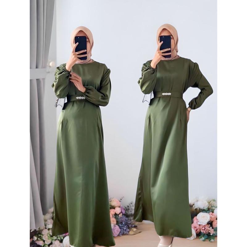 RINJANI DRESS GAMIS SATIN SILK TERMURAH PAKAIAN WANITA MUSLIM DRESS REMAJA PREMIUM FREE BELT PAYET DRESS POLOS MEWAH SIMPLE TERBARU 8
