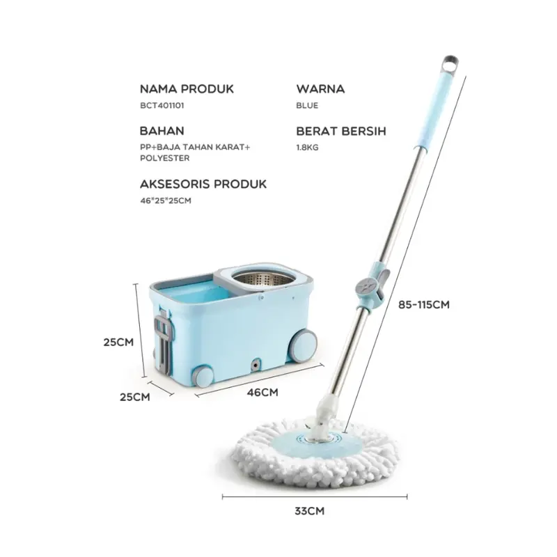 BONBOX Alat Pel Lantai 2 in 1 Kain Fiber dengan 4 Roda Ember Spin Mop Mencuci dan Membilas Alat Pembersih Lantai BCT401101