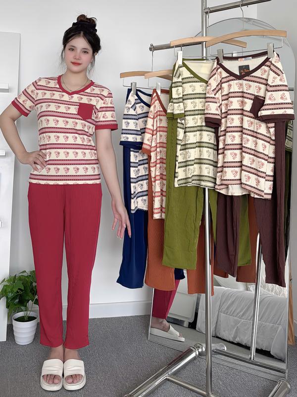 Set Đồ Bộ Quần Baggy Biggsize Áo Cổ Tim Có túi nhỏ Tay Ngắn Chất Thun gân Lạnh Nữ Nhung Top Voi