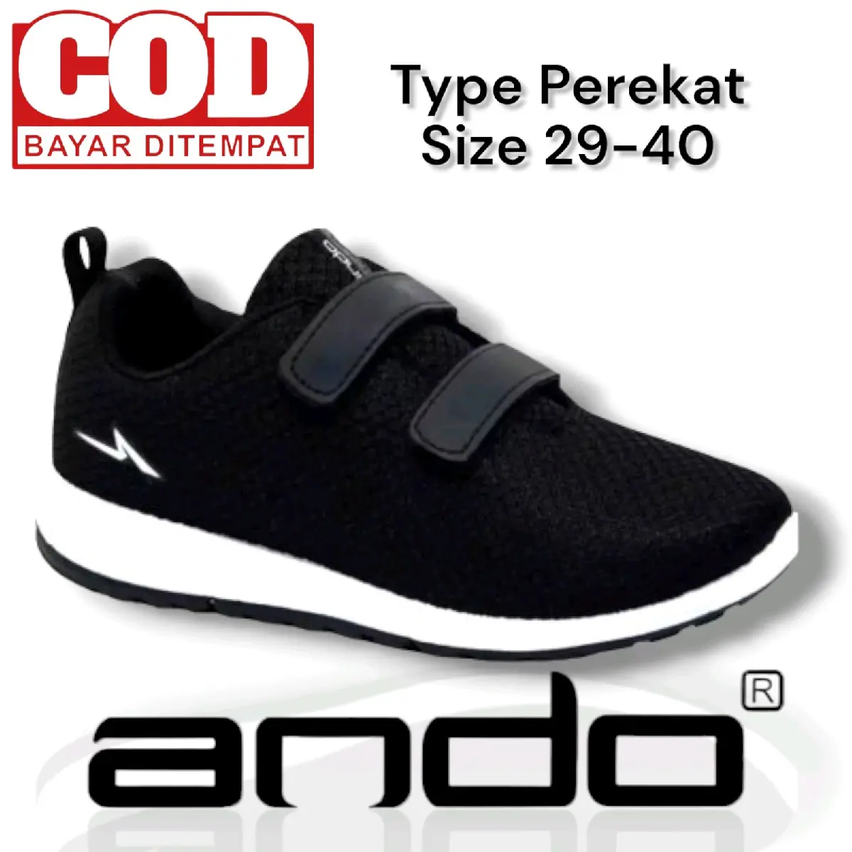 Sepatu sekolah Ando Perekat Hak Datar Casual Shoes Size 29-40 sneakers  cowok Sport Pria Hitam