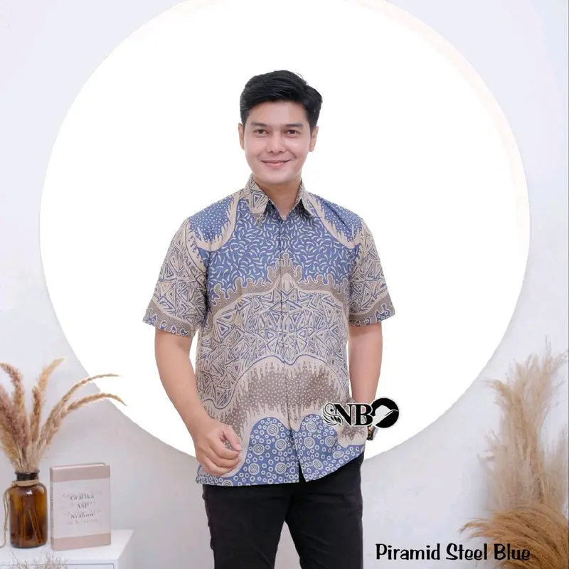 Kemeja Batik Pria Lengan Pendek Biru Katun Seragam Hem Atasan Motif Kancing Baju Navy - Size M L XL XXL - Panjang, Kerja 7