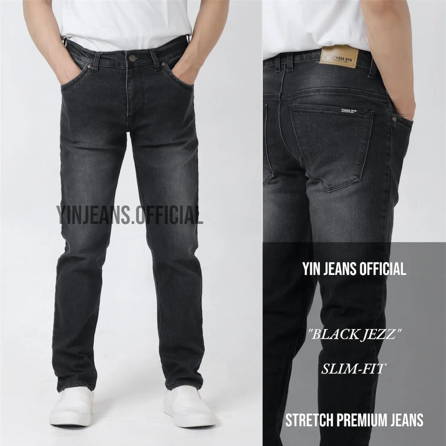 THREE RYN - Celana Jeans Pria Bahan Stretch Panjang Slim Fit Hitam Wash Black Jezz Scrub Cowok Melar Pensil Skini
