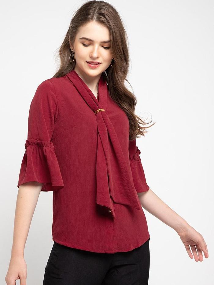 Gambar FAME | 9211671 | Blouse Wanita Lengan 7/8 Detail Dasi Maroon - S dari FAME Official Kota Surabaya Tokopedia