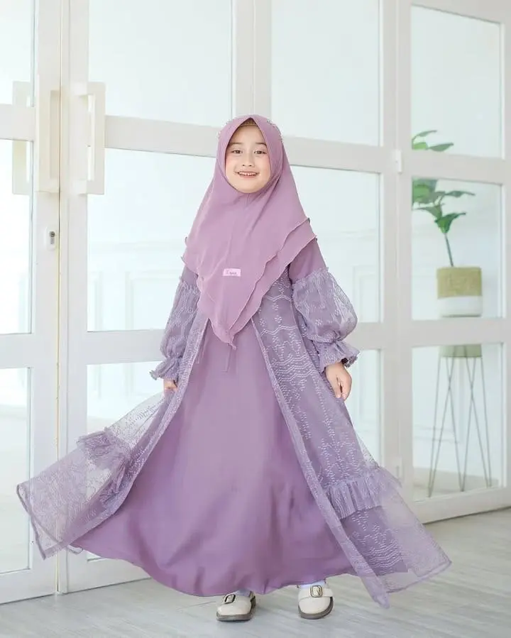 LALA KIDS SET HIJAB Gamis Muslim Anak Cantik Simpel Crinkle airflow mix brukat malika Dress Muslin Anak Baju Syari Lebaran Shakila Remaja Wanita