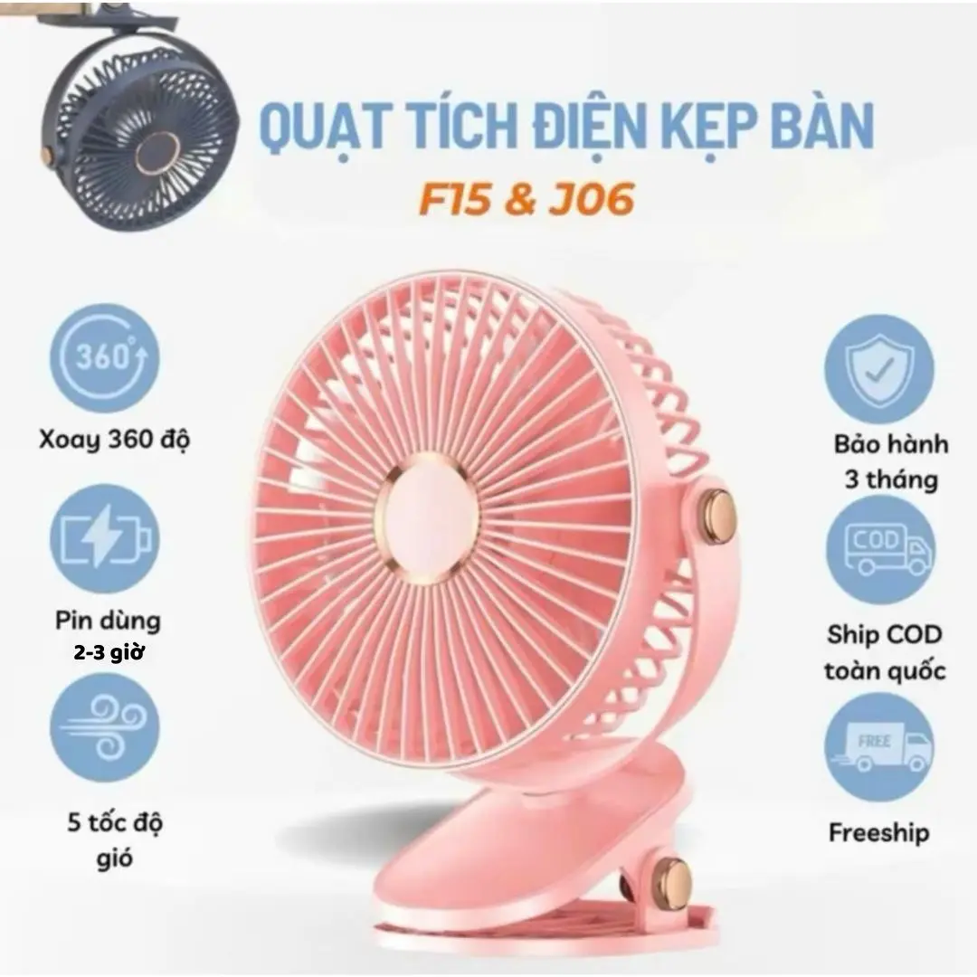 Quạt tích điện kẹp bàn đa năng F6 5000 mAh chạy 2-8 tiếng, đèn ngủ, sạc Type C - Màu Xanh - Màu Hồng Mobile Phụ Kiện
