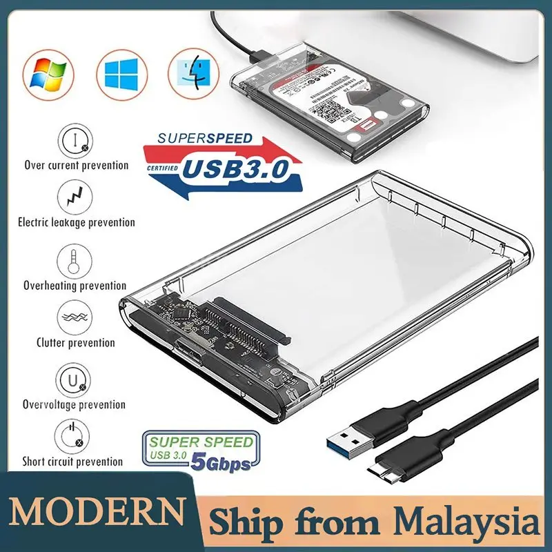 [EXTERNAL CASE + CABLE] Only Transparent 2.5 inch HDD SSD USB 3.0 Support 2TB External Hard Disk Case Kes Luar