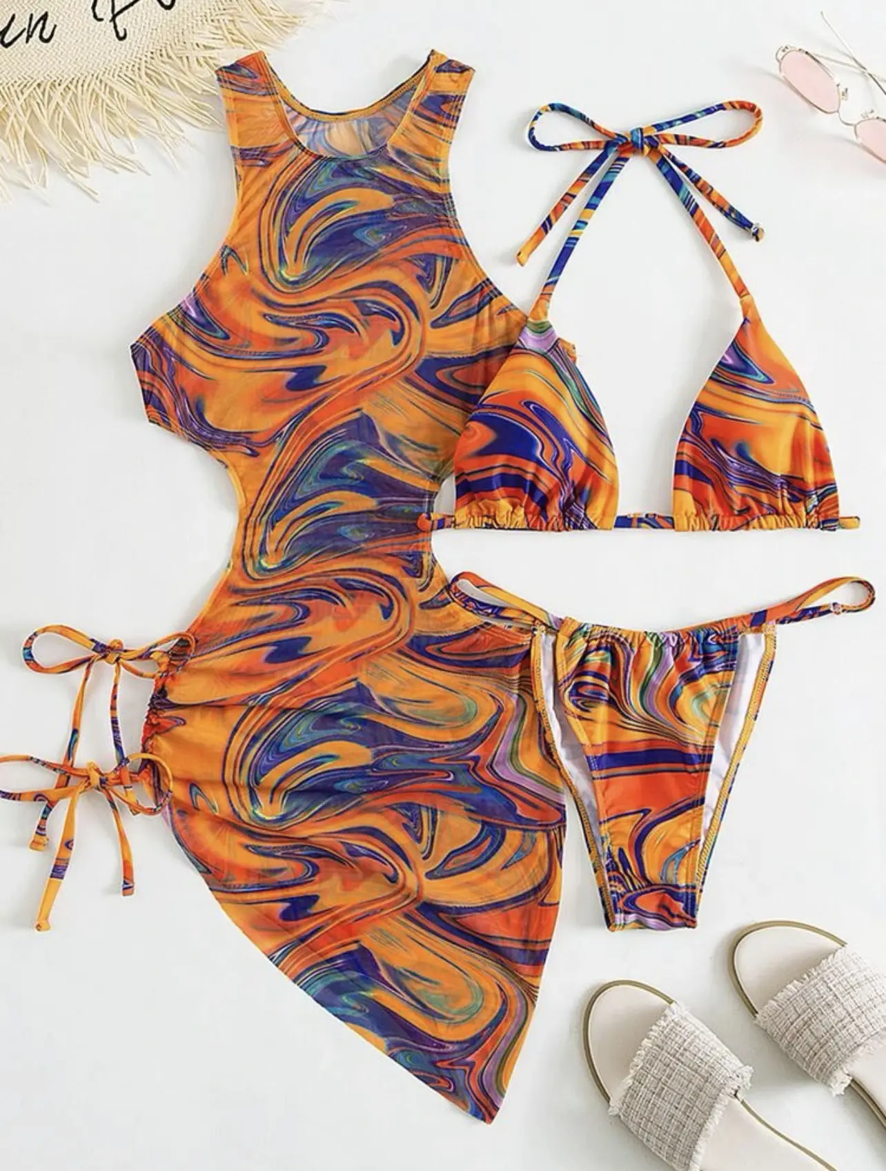 New Hollow Binding Bikini Set Drawcord Three-Piece Swimsuit
