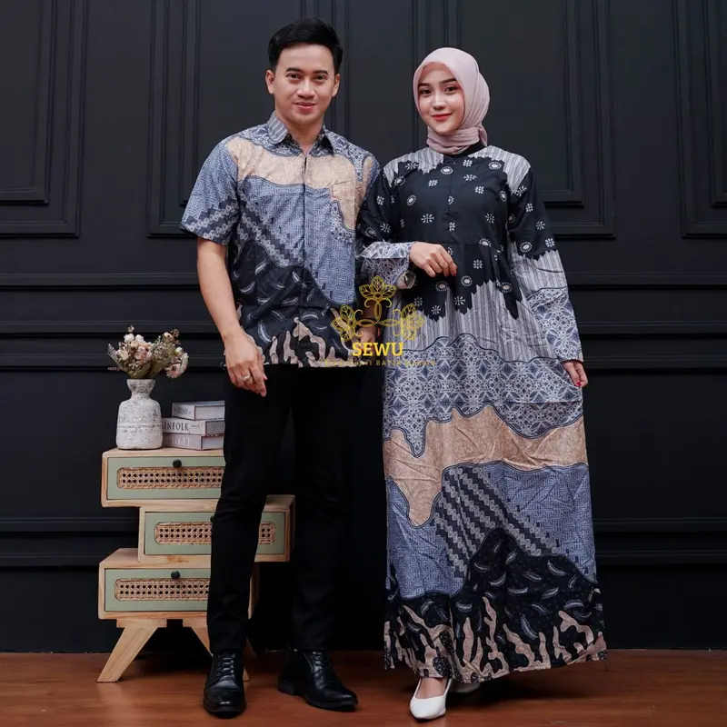 Set Gamis Batik Couple Jumbo Batik Pasangan Suami Istri Lengan Pendek Modern 03 0