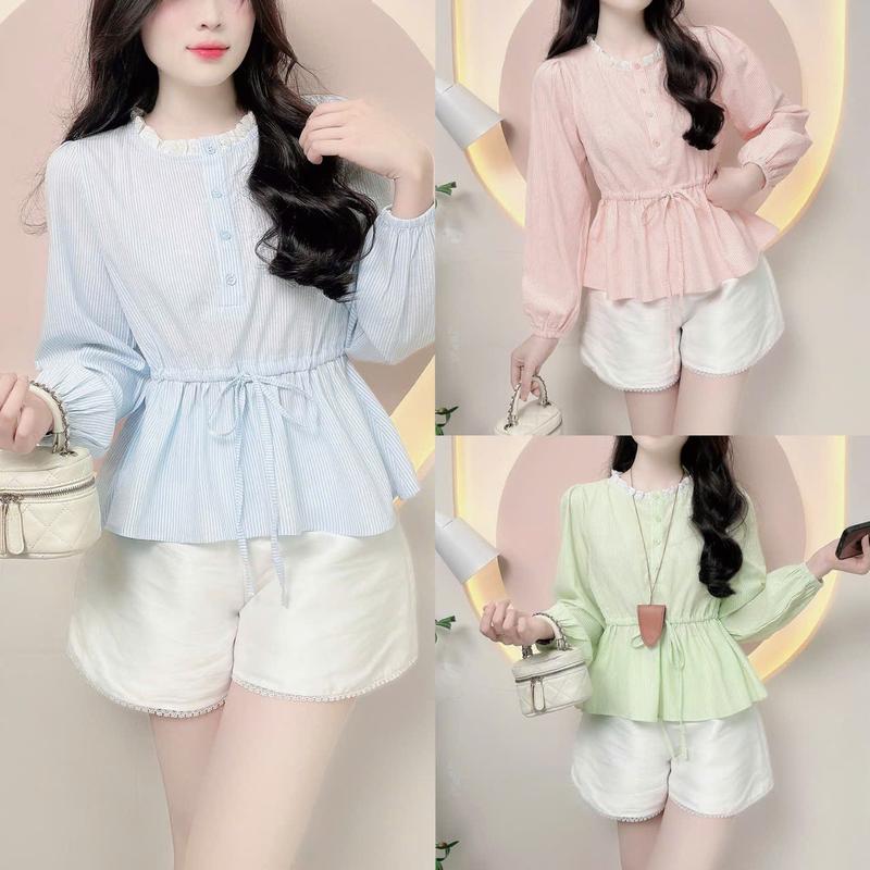 Áo sơ mi kẻ sọc nữ dáng babydoll cột eo cổ phối ren xinh xắn trẻ trung  LAMO- B1432