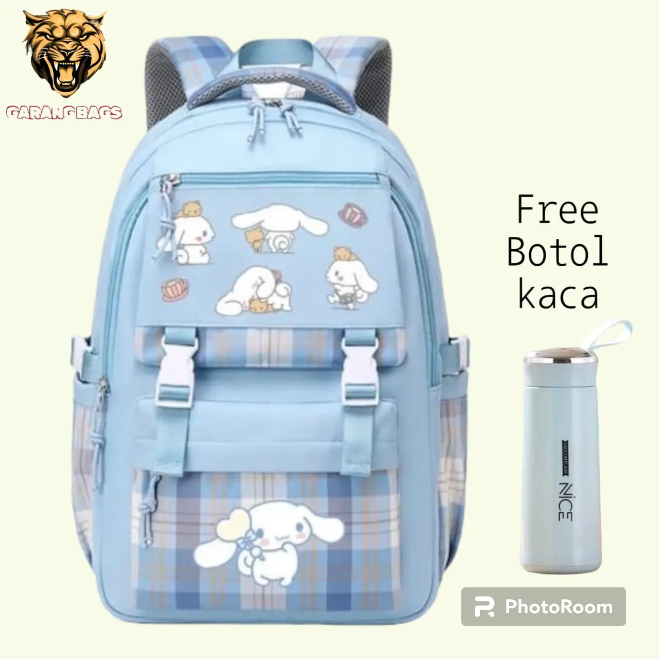 Tas Sekolah Gambar Cinnamorol/ Tas Sekolah Anak Perempuan/ Tas Ransel Sekolah Anak SD, SMP, SMA/ Tas Anak Cewek Fashion/ Tas Sekolah Anak Perempuan Cinnamorol Terbaru Viral/ Tas Cinnamorol Kekinian/ Free Botol Minum Kaca Aksesoris