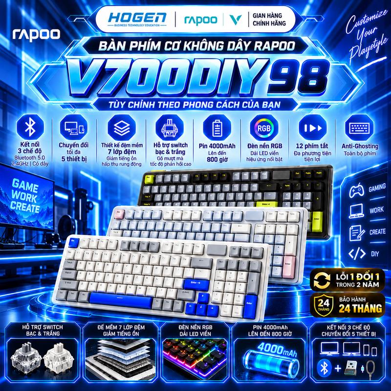 Bàn phím cơ Rapoo V700DIY-98/75 | Kết Nối Không Dây, Có Dây | Pin Sạc 4000mAh (800h) | LED RGB