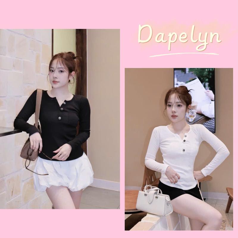 Áo Thun Nữ Dài Tay Cổ V Cúc Ngực Màu Trơn Phong Cách Basic Thu Đông Áo Thun Ôm Body Len Tăm Xinh Xắn CÓ BIGSIZE