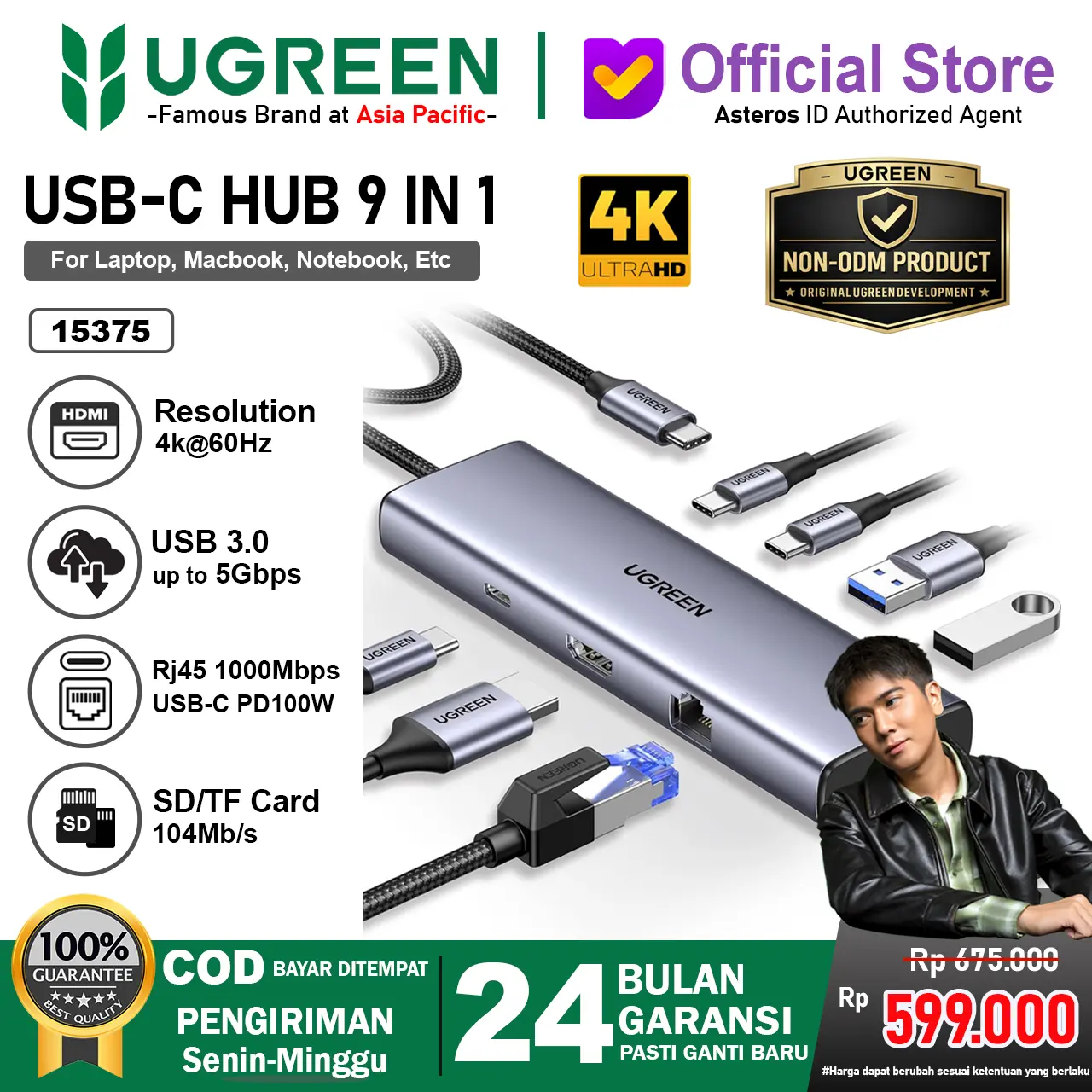UGREEN USB Hub 9 IN 1 Type C To HDMI 4K 30Hz Full HD LAN RJ45 SD Card Aux 3.5mm