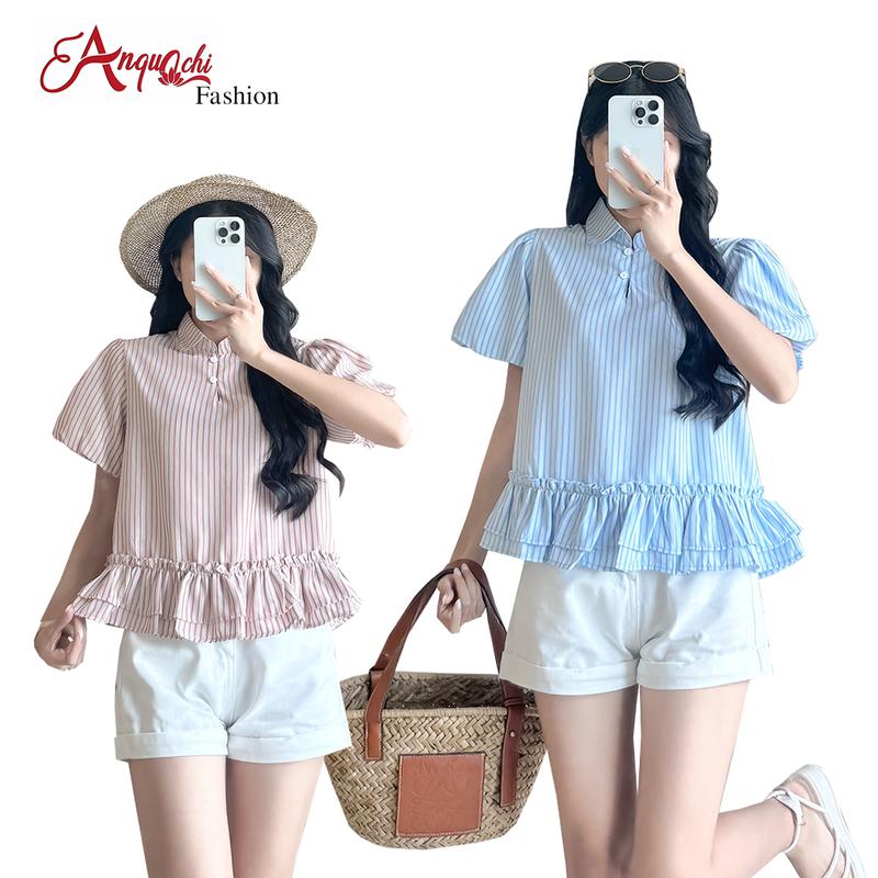  Áo sơ mi sọc nữ kẻ sọc babydoll xinh chất lụa thoáng mát mềm mại tay phồng dễ thương ANQUACHI Fashion S228 
