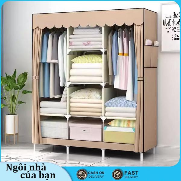 Tủ quần áo vải 3 ngăn dành cho gia đình nhỏ, Tủ Vải Đựng Quần Áo Khung Kim Loại Tủ Treo Quần Áo Đa Năng Thông Minh