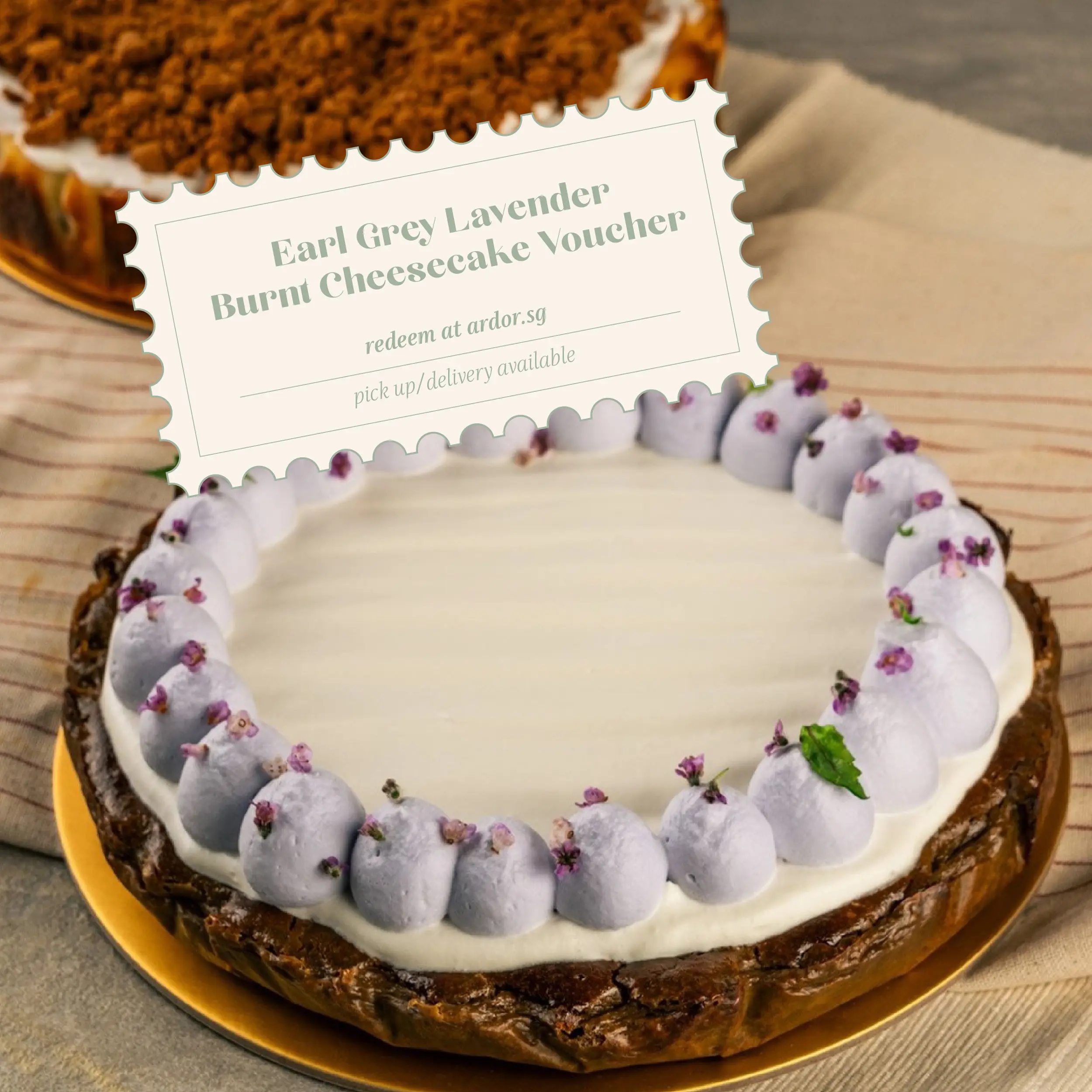 Ardor 8" Earl Grey Lavender Burnt Cheesecake - Cream cheese infused with Earl Grey,  Ivory Lavender Ganache Physical Voucher