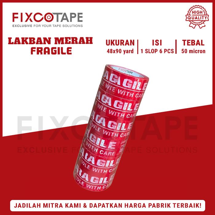Jual 6 PCS/SLOP Lakban Fragile Merah Fixco Tape 48mm x 90 Yard ...