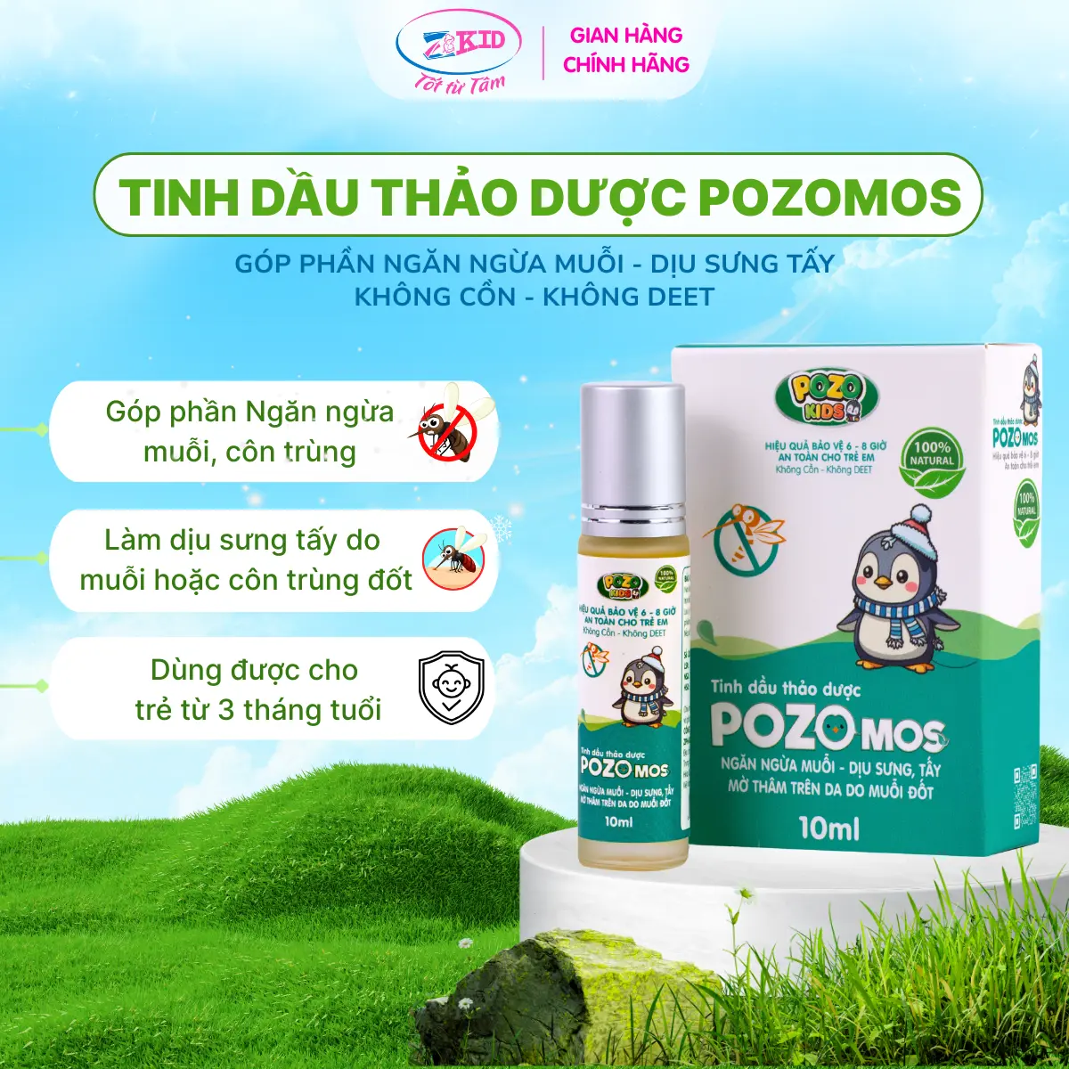 Lăn Xua Muỗi POZOMOS - Tinh Dầu Thảo Dược Ngăn Ngừa Muỗi, Đuổi Muỗi - Không Cồn - Không DEET - An Toàn Cho Trẻ Em.