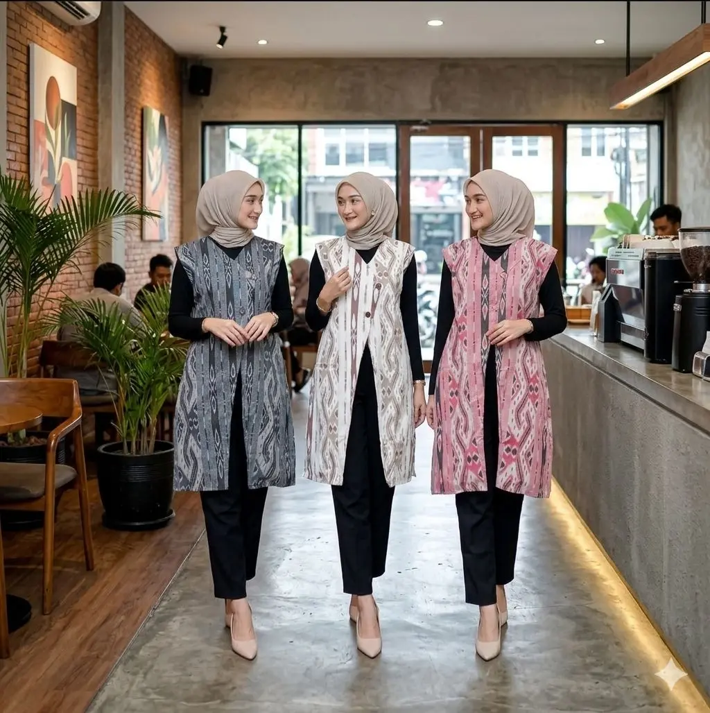 Long Cardi Batik Atasan Wanita Modern Outer Panjang Tanpa Lengan Cardigan Rompi