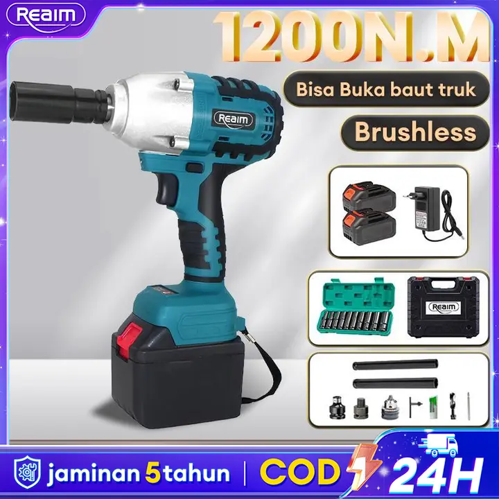 REAIM【Motor Tanpa Sikat】Cordless Impact wrench 688V 2 baterai BRUSHLESS 1200N.M impact buka motor mesin bor untuk baut mobil