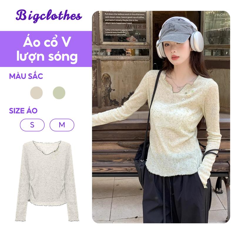 [Kèm Áo Trong] Áo Thun Nữ Thu Đông Cổ V Lượn Sóng BigClothes, Áo Thun Nữ Dài Tay Chất Mỏng Dáng Ôm D10