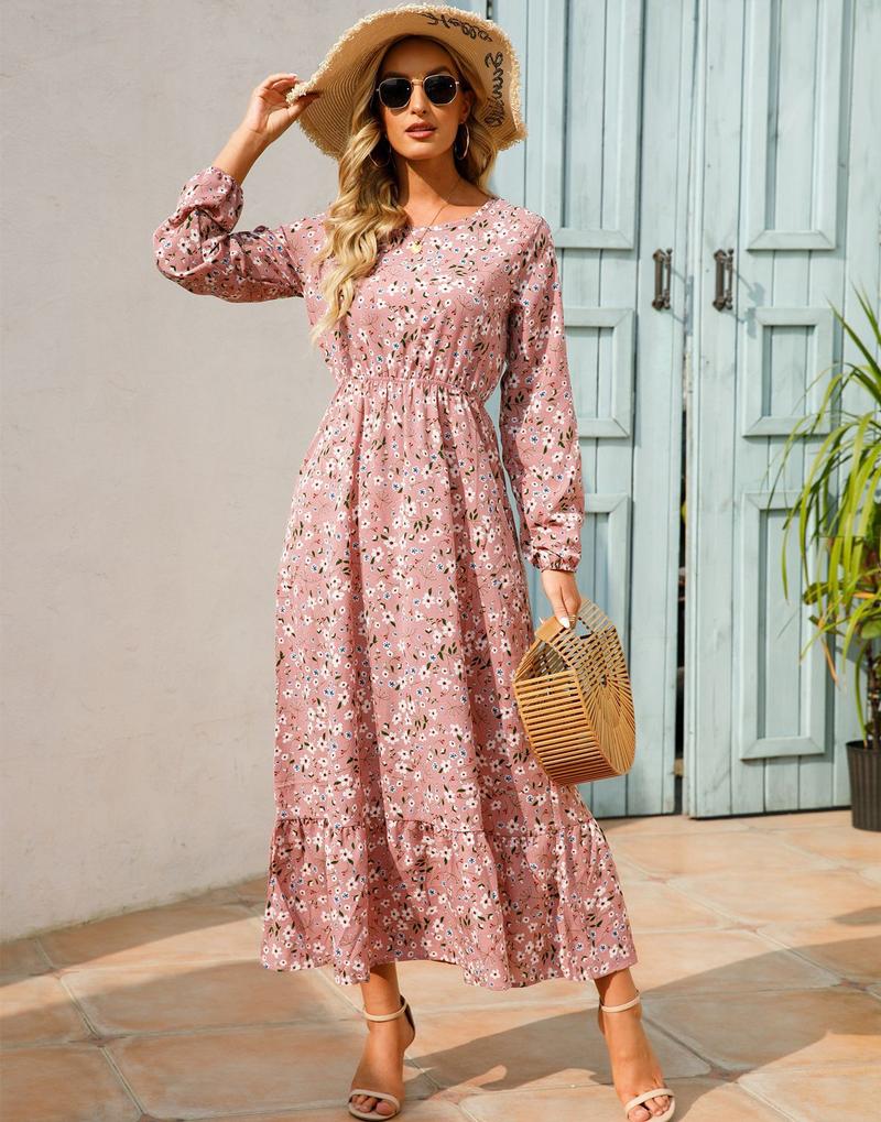 Product Introduction of Cross-Border Foreign Trade Spring and Autumn Floral Chiffon Dress Waist-Controlled Slimming Long Sleeve round-Neck Long Printed Dress Women's 7