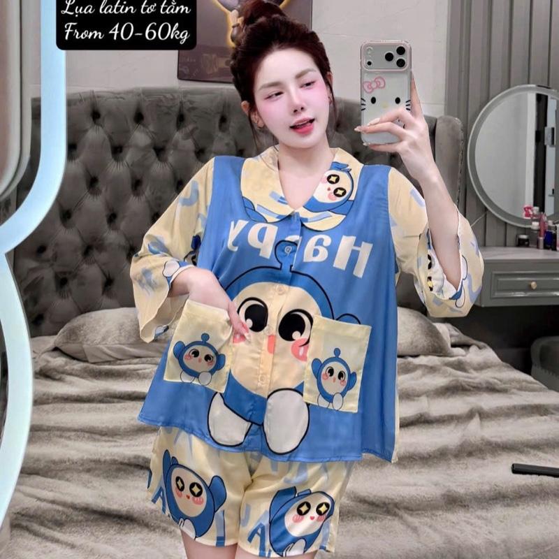 60-75KG Bigsize Bộ Lụa Latin Tơ Tằm Cao Cấp Tay Ống Rộng In Full Họa Tiết 5D Queen Tay Ngắn Quần Đùi Mềm Mát Mặc Nhà Cao Cấp VIP210 Women Top Voi Quần Ngủ Tay Loe Áo