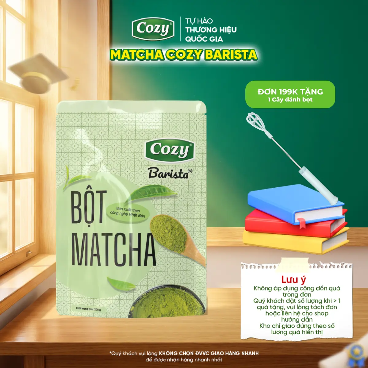 Matcha Cozy Barista, Bột Trà Xanh Pha Matcha Latte, Bột Làm Bánh Công Nghệ Nghiền Chậm Không Sinh Nhiệt Nhật Bản 200gr