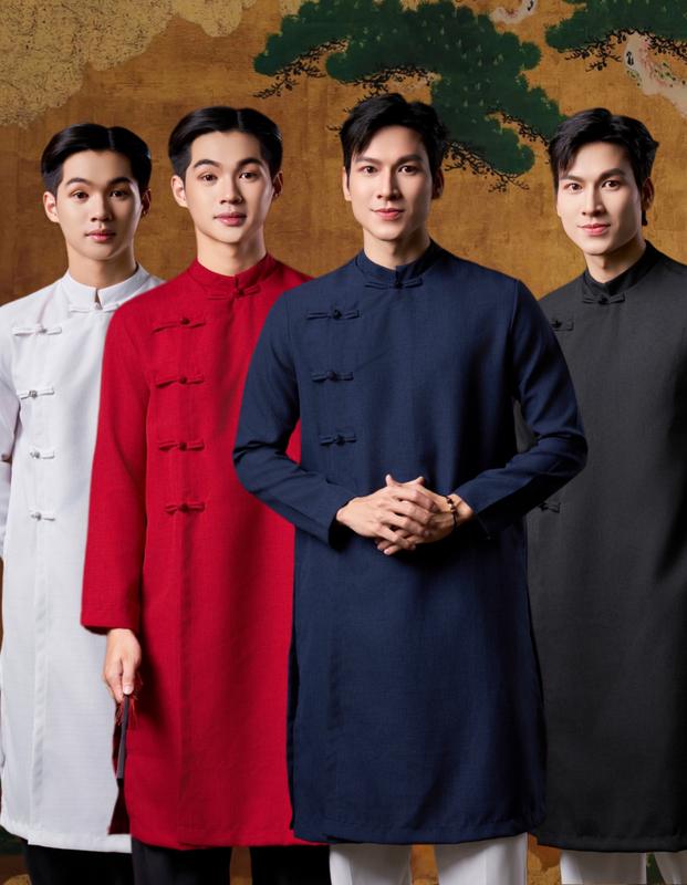 (Mẫu Mới)Áo Dài Cách Tân Nam Phối 5 Nút Vải Linen Không Kèm Quần Thương Hiệu Mr Twins Menswear