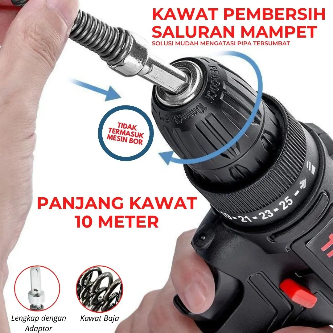 Anti Sumbat Mampet Pembersih Saluran Wc Kawat Dengan Adaptor Bor 10 Meter