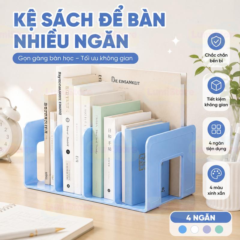 Kệ Sách Để Bàn Nhiều Ngăn – Kệ Nhựa Chặn Sách 4 Ngăn, Giá Đựng Sách Vở Tài Liệu Gọn Gàng Cho Bàn Học Văn Phòng
