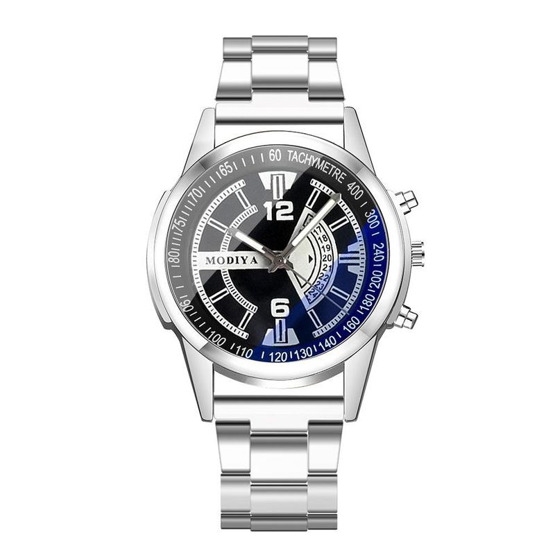 Product Introduction of Men's Fashion Watch Trendy Blue Light Glass Three Eyes Steel Band Watch Stainless Steel Quartz Watch 21