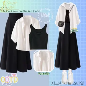One Set Wanita (Kemeja Tangtop Rok Mayung) Baju Korean Style Setelan Perempuan OOTD CS017 Panjang Keren Fit Hitam Nyaman Top Atasan Putih Katun Casual Remaja Bawahan Dewasa Kancing Tangan Karet Soft Kantong Scuba Kulot Linen