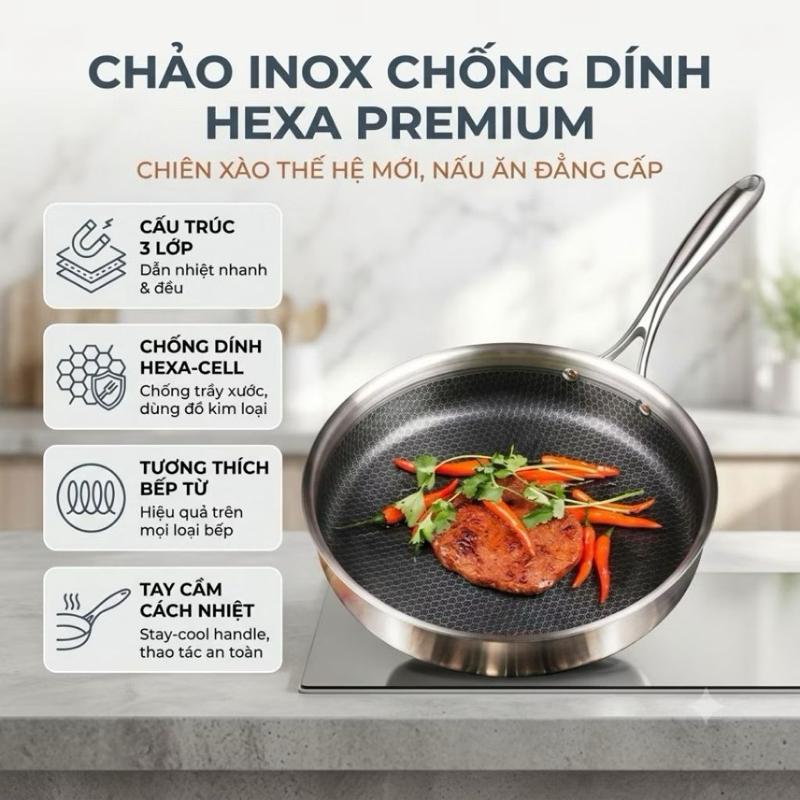 Chảo Chống Dính Vân Tổ Ong Chất Liệu Inox 304 Đường Kính 28cm Dùng Cho Mọi Loại Bếp, Chống Xước Chống Gỉ Tiện Ích