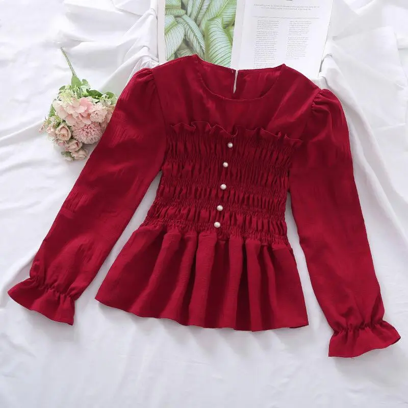 Chiffon Nail Beaded Blouse for Women 2024 Summer New Design Sense Niche Waist Thin Cover Belly Tshirt All-match To