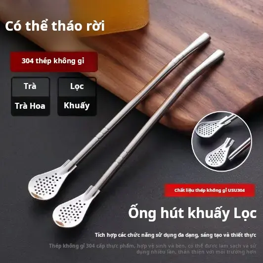 Thìa Trộn, Chất Liệu Thép Không Gỉ, Có Ống Hút Làm Sạch Có Thể Tháo Rời Ống Uống Nước, Thích Hợp Cho Trà Bong Bóng Nước Trái Cây, Thìa Ống Hút Lọc Mở Rộng