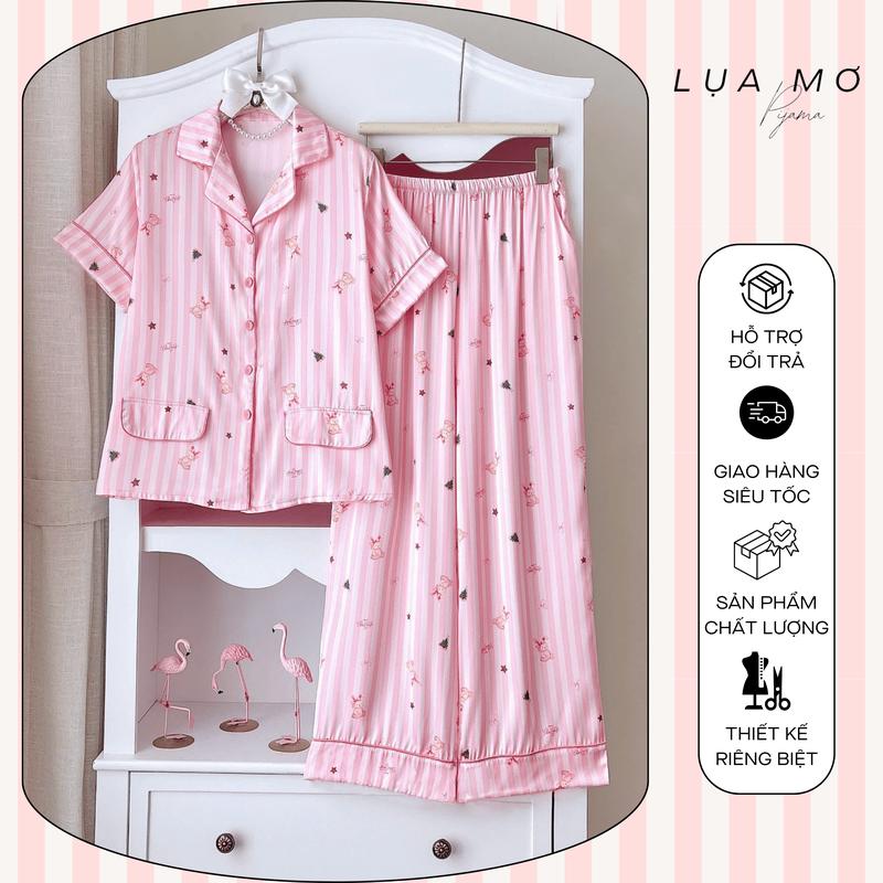  Lụa Mơ Pijama Tiểu Thư Tay Ngắn Quần Dài Họa Tiết Kẻ Sọc Hồng 2 Túi Giả Vải Lụa Latin Cao Cấp LM211 Form 65kg Sang Trọng Thoáng Mát 