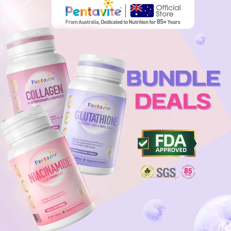 Pentavite Skin Wellness Bundle Deals Mix & Match: [Duo Bundle] Collagen + Gluta + Niacinamide | FDA Approved 360° Brightening & Age-Defying Chewables