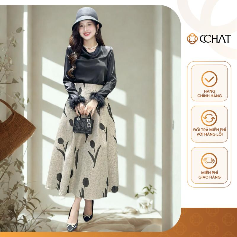  Chân Váy Nữ CCHAT Dáng Xoè Hoạ Tiết Hoa Tuylip Chất Gấm 24CDB5002XT 
