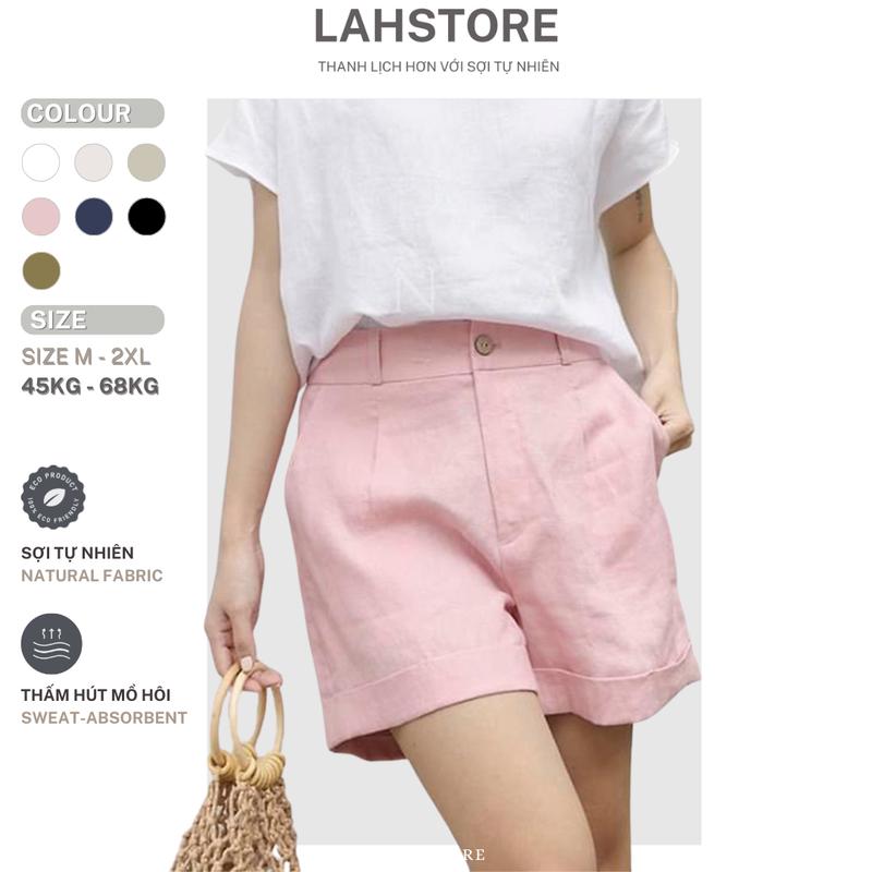  Quần đùi nữ ống rộng LAHSTORE vải linen xắn gấu lưng thun  Hồng  - Woment's Short Pants 